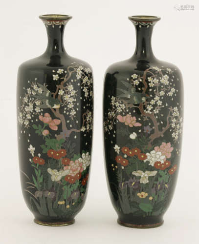 A pair of silver wire cloisonné vases