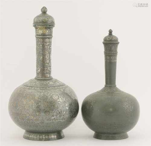 Two Indian Bidri ware vases and covers