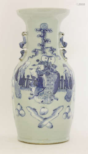 清约1900年 豆青地青花堆白福禄寿纹佛狮耳瓶