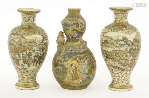 Two similar 'Satsuma' baluster vases