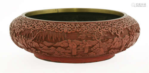二十世纪 铜胎剔红雕漆携琴访友图盆
