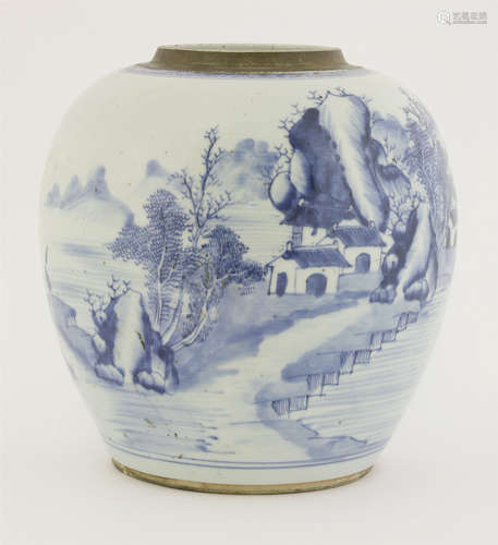 A large blue and white ginger jar