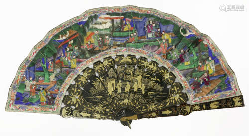 清十九世纪 广东制黑漆描金象牙彩绘人物故事图折扇 连黑漆描金盖盒