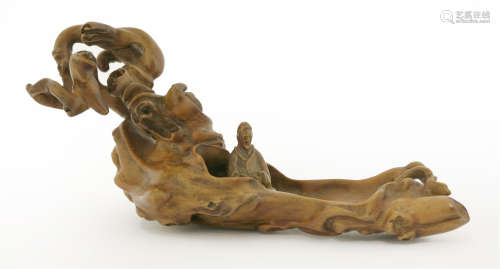 二十世纪初 黄杨木雕张骞乘槎摆件