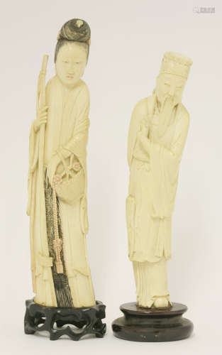 二十世纪初 象牙雕黛玉葬花 及 吕洞宾立像 一组两件