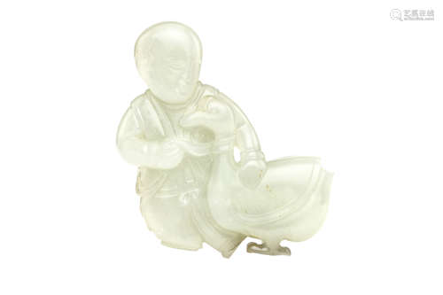 童子与鹅玉雕                                                                                                                                                    A CHINESE JADE BOY WITH A GOOSE.