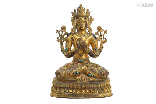 清 18/19世纪   文殊菩萨鎏金坐像                                                                                                                                               A CHINESE GILT-BRONZE FIGURE OF MANJUSHRI