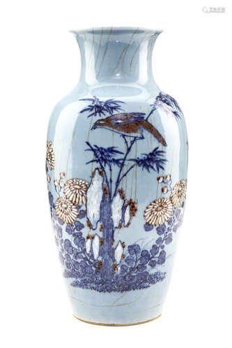 清乾隆1730-1750    蓝地青花釉里红瓶                                                                                                                                 A CHINESE LIGHT BLUE GLAZED VASE WITH UNDERGLAZE BLUE, COPPER RED AND WHITE SLIP DECORATION.