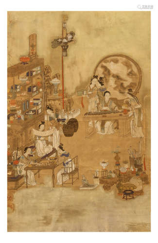 清   书房人物图                                                                                                                                                      A CHINESE PAINTING OF LADIES IN A STUDY.