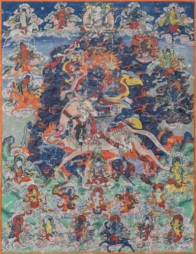 19世纪   吉祥天母唐卡                                                                                                                                                                                           A THANGKA PAINTING DEPICTING LHAMO.