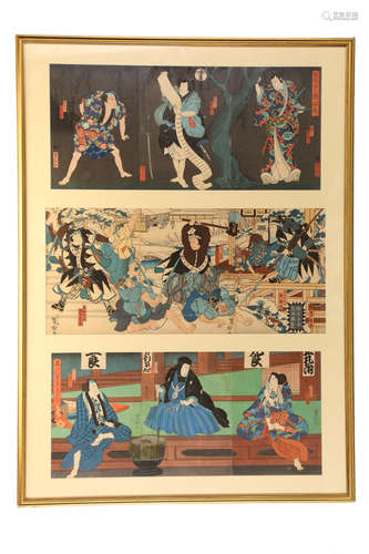 芳岳 歌舞伎絵３枚、ヌレエフ セールカタログ２册                                                                                                                THREE OSAKA SCHOOL TRIPTYCHS.