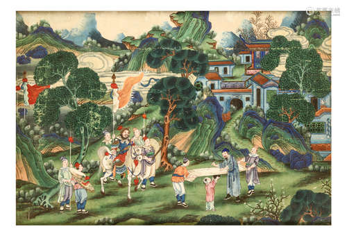 晚清   外销山水图                                                                                                                                                         A CHINESE EXPORT LANDSCAPE PAINTING.