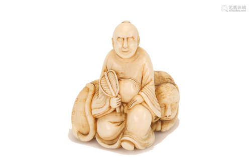 象牙雕り根付罗汉と虎 江戸时代                                                                                                                                    A JAPANESE IVORY NETSUKE OF AN IMMORTAL.