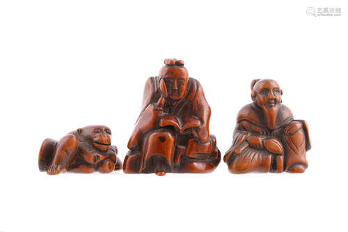 木雕り根付３点、江戸时代                                                                                                                                              THREE JAPANESE WOOD NETSUKE.