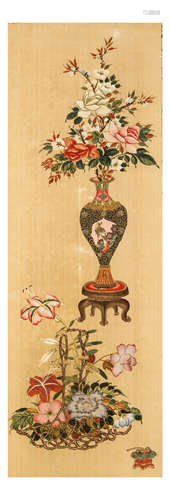 晚清   花卉图                                                                                                                                                    A CHINESE PAINTING OF FLOWERS.