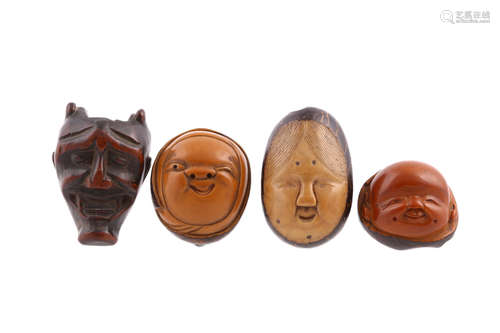 面根付 ４点、１９世纪                                                                                                                                        FOUR JAPANESE MASK NETSUKE.