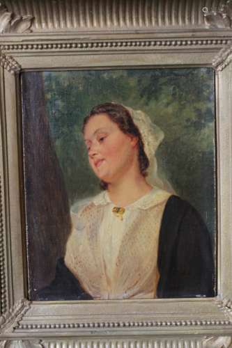 19th C. Oil on Board of Young Lady