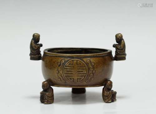 Chinese Bronze Three Figure Lifted Censer