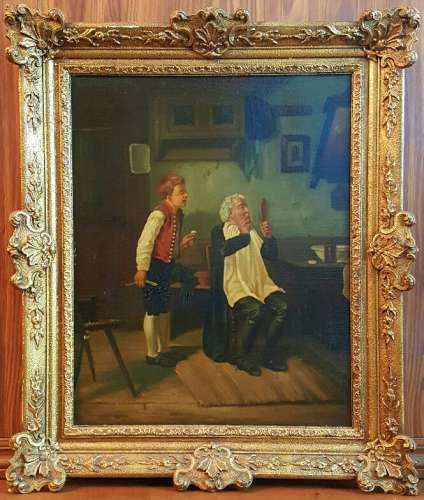 19C oil painting of young barber .Probably Dutch