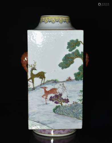 Chinese Famile Rose Square Vase, Marked