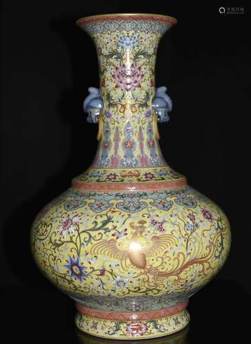 Chinese Yellow Underglaze Famille Rose Vase