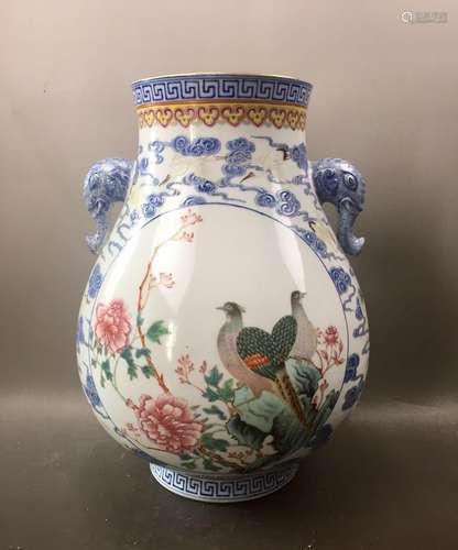 Chinese Blue/White Famille Rose Squat Vase