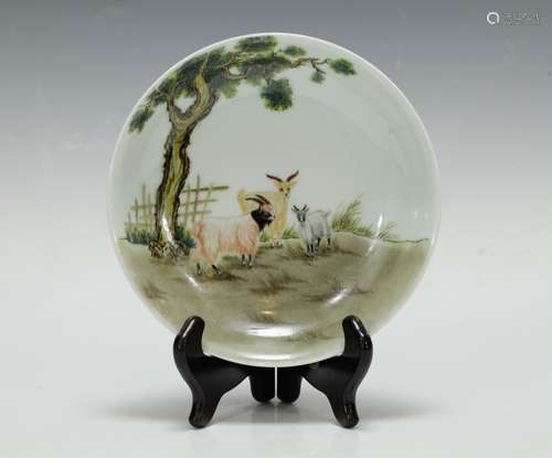 Chinese Famille Rose Porcelain Plate,Depicted Goat