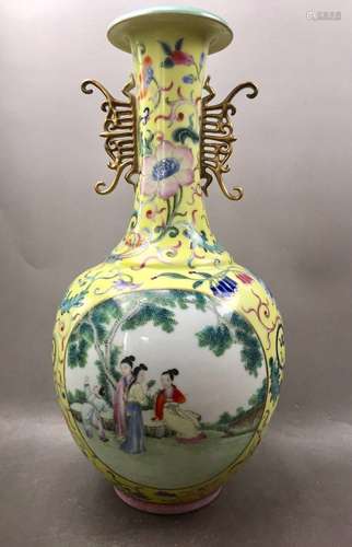 19th C. Yellow Underglaze Famille Rose Vase