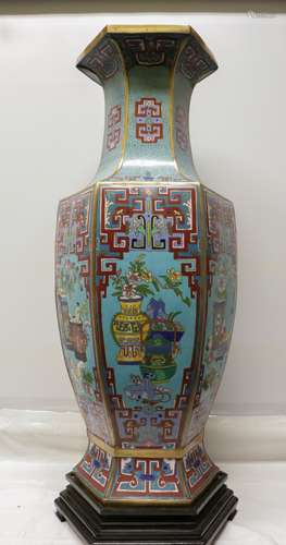 Very Large Chinese Cloisonne Gilt Hexagon Vase