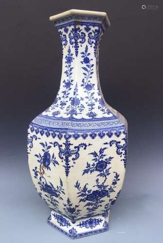 Chinese Blue/White Hexagonal Vase, Marked