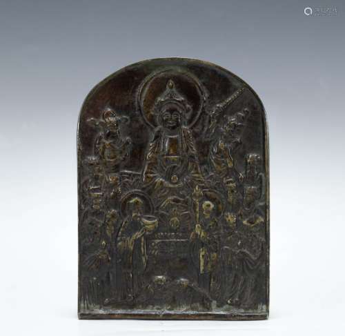 19th Chinese Bronze Plaque w/ Buddha & Calligraphy