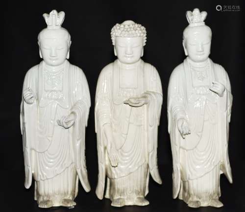 Set of 3 Chinese White Glazed Porcelain Buddha