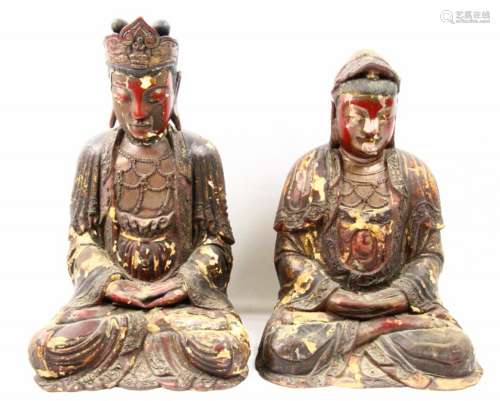 Ming Dynasty Carved Wood & Lacquer Seated Emperor & Empress Figures
