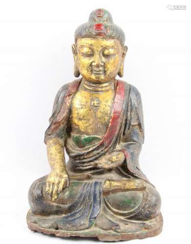 Hand Forged Bronze Seated Buddha Statuette W/Polychrome & Gilt Gold Finish