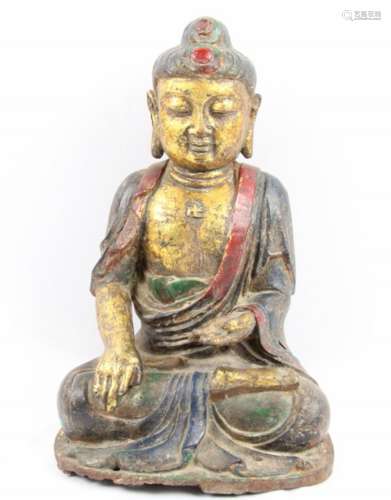 Hand Forged Bronze Seated Buddha Statuette W/Polychrome & Gilt Gold Finish