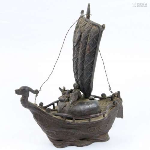Antique Japanese Hand Forged Signed Bronze Ship Sculpture