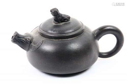 Antique Chinese High Grade Black Yixing Clay Signed Teapot W/Ox Head Spout & Fu Lion Finial