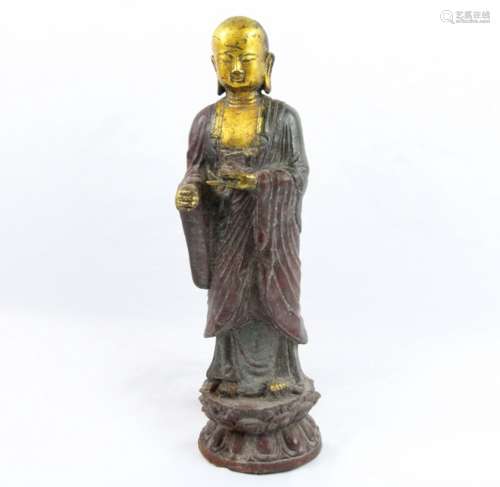 Chinese Hand Forged Heavy Painted Bronze Standing Buddha on Lotus Statuette