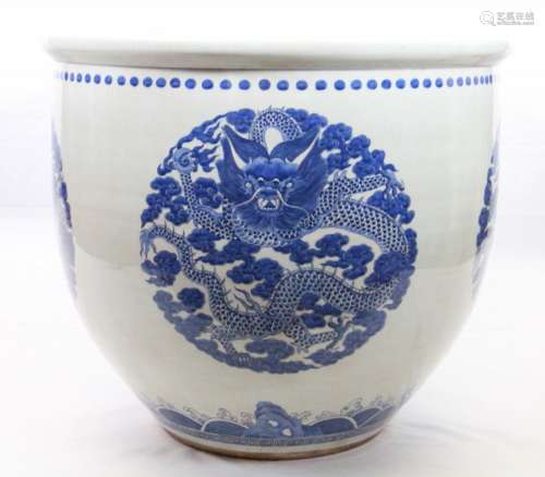Large Vietnamese Blue & White Porcelain Fish Bowl W/Four Dragon Roundels
