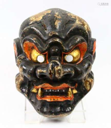 Antique Japanese Oni Noh Theater Mask on Acrylic Stand