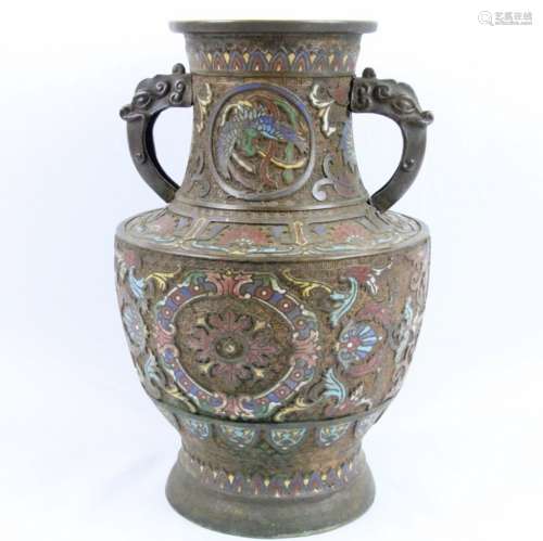Antique Bronze and Cloisonne Enamel Vase W/Figural Dragon Handles