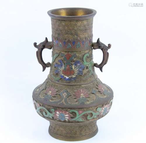 Antique Japanese Bronze and Cloisonne Enamel Vase W/Figural Dragon Handles