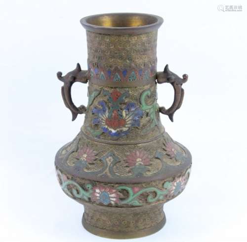 Antique Japanese Bronze and Cloisonne Enamel Vase W/Figural Dragon Handles