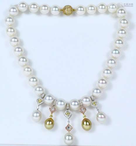7ctw VS1-VVS/White & Fancy Yellow Diamond, 14mm-15mm AA South Sea & Golden South Sea Pearl Necklace W/18K Rose & White Gold