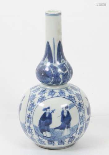 Vietnamese Annam Ware Blue & White Porcelain Double Gourd Vase W/Scholar Scenes & Calligraphy