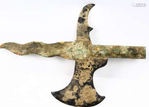 Ancient Chinese Bronze Tri-Halberd Spear Top