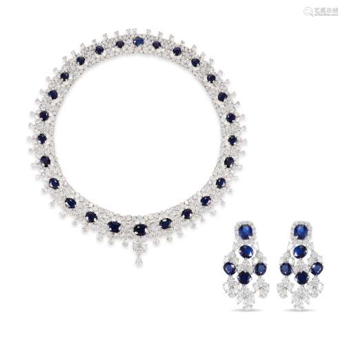 88.38ctw Genuine VS1-VS2/G-H Diamond, 69.48ctw Burma Blue Sapphire & Solid Platinum Collar Necklace & Earrings Set (Made for Nguyen Family) 10%BP