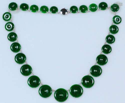88.50ctw Genuine Translucent Imperial Color Green Jade Pierced Disk & Solid 14K White Gold Imperial Necklace W/VVS Diamond Accents (Not Dyed)