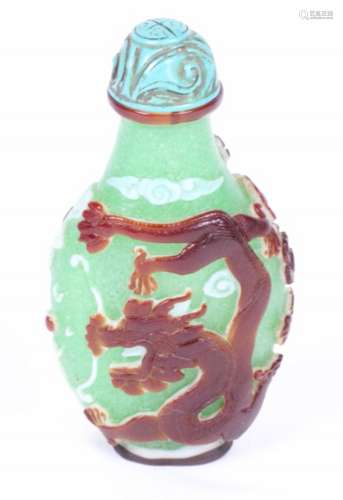 Antique Tri-Colored Glass Snuff Bottle W/Ornate Dragon & Phoenix Design & Turquoise Plug