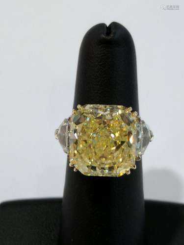 14.02ct GIA Certified VS2 Natural Fancy Yellow Radiant Cut Diamond Solid Platinum Ring W/1.80ctw Genuine VS Diamond Shield Cut Diamond Accents